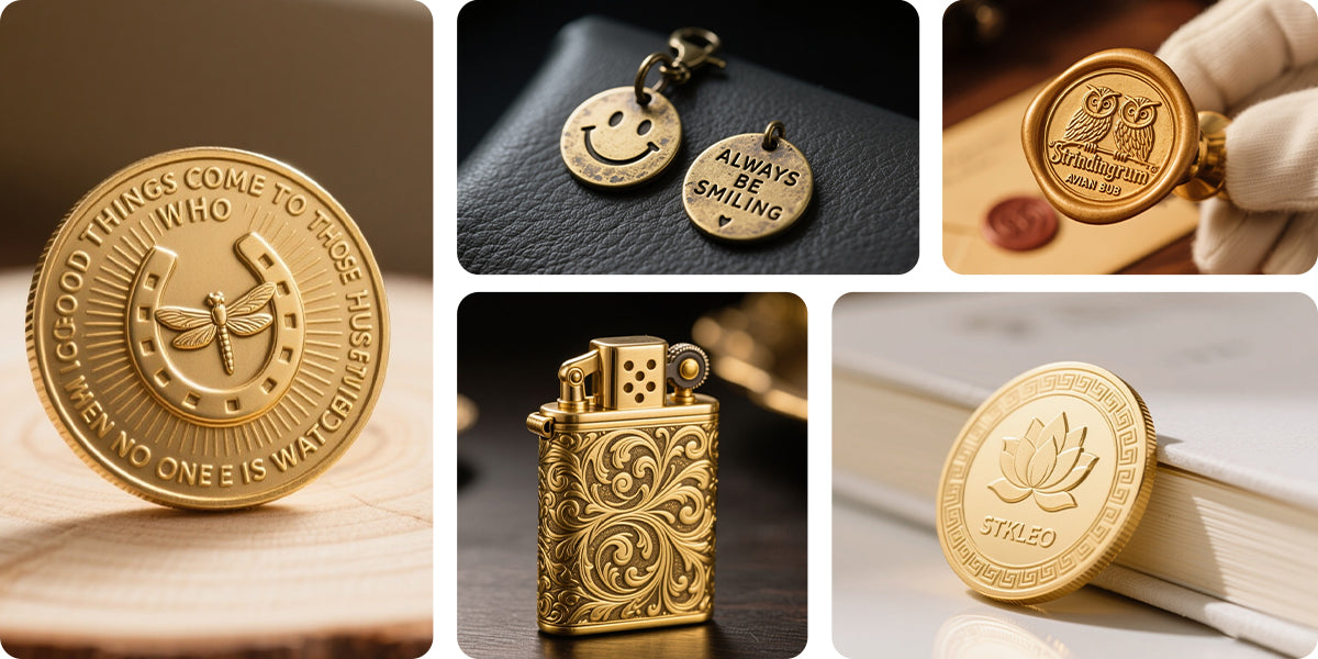 Laser engraved brass tags, coins, seal stamps, and custom metal accessories with detailed gold engraving designs.