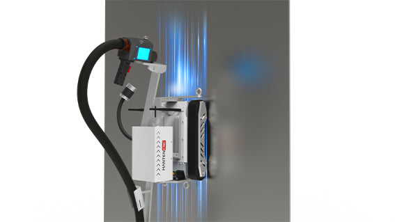 Laser cleaning process removing rust and oxide from a metal pipe surface using a high-precision industrial fiber laser.