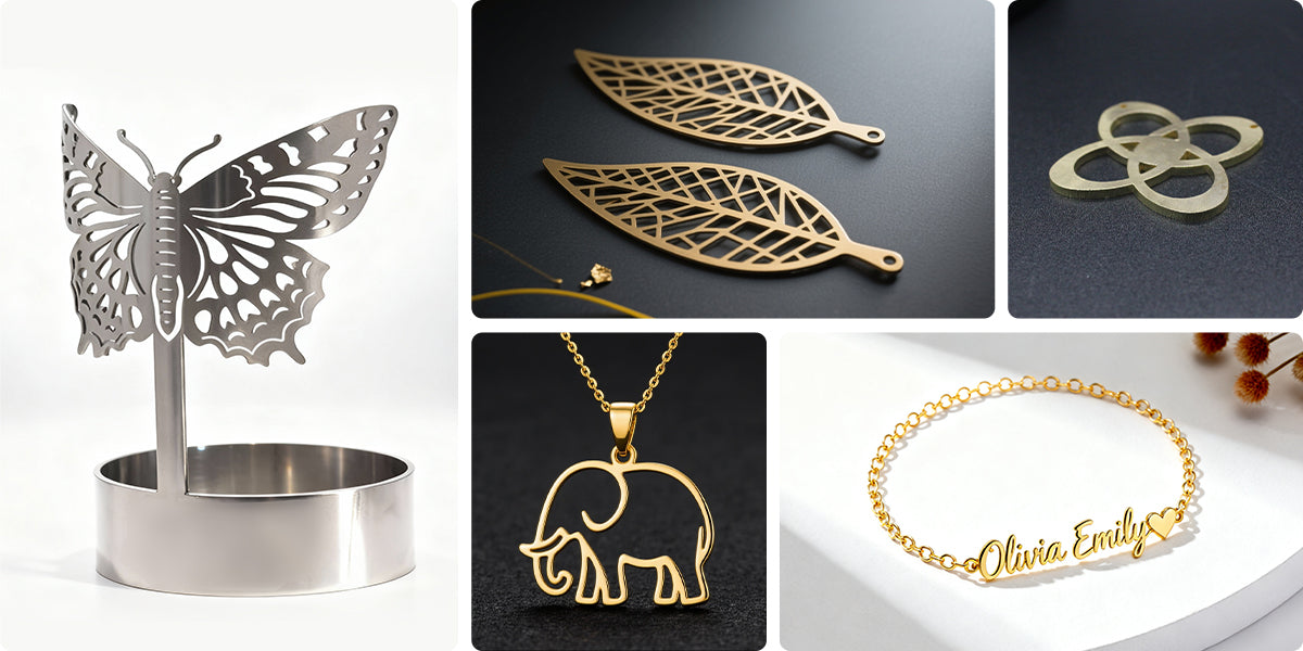Creative metal cutting samples including butterfly décor, leaf earrings, geometric shapes, elephant pendant and custom name bracelet made with fiber laser.