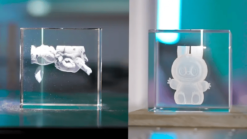 Crystal and glass UV laser engraving comparison showing high-precision 3D etched patterns with sharp details and smooth finishes.