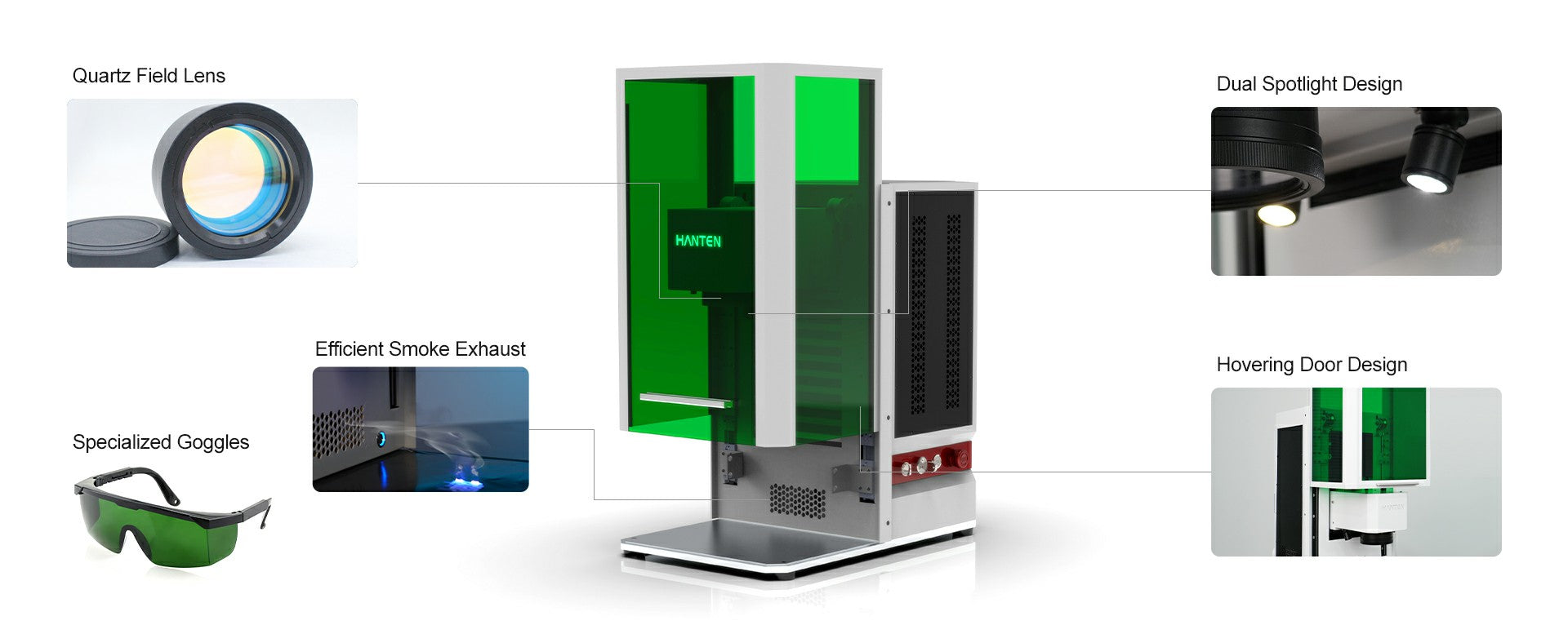 Laser engraving machine with quartz field lens, dual spotlight, hovering door, smoke exhaust, and protective goggles.