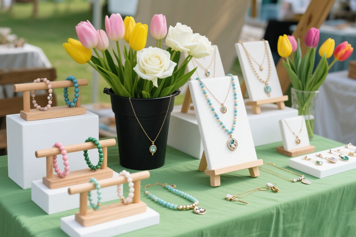 Handmade jewelry display featuring laser-engraved necklaces and bracelets arranged on stands for boutique branding.