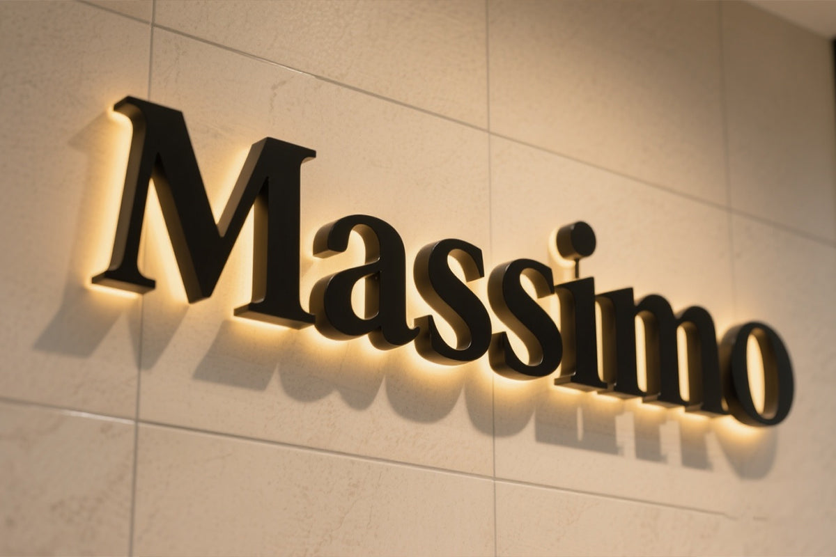 Backlit “Massimo” metal sign produced with clean precision laser spot welding.