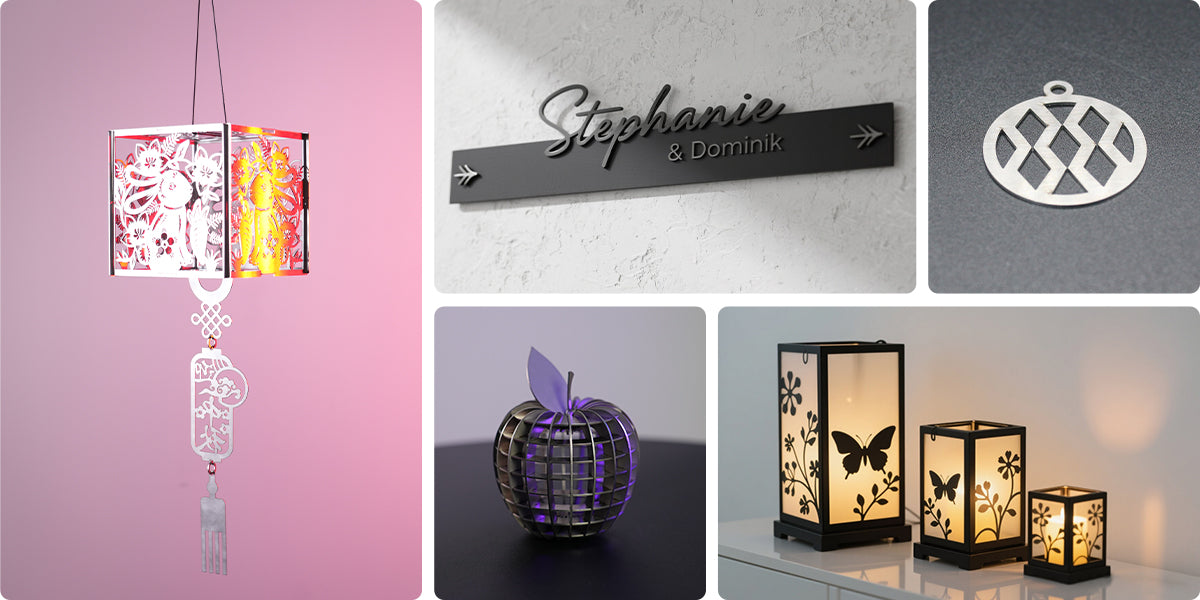 Fiber laser-cut metal home décor including lanterns, custom nameplate sign, geometric pendant, 3D metal apple sculpture and decorative lamp set.