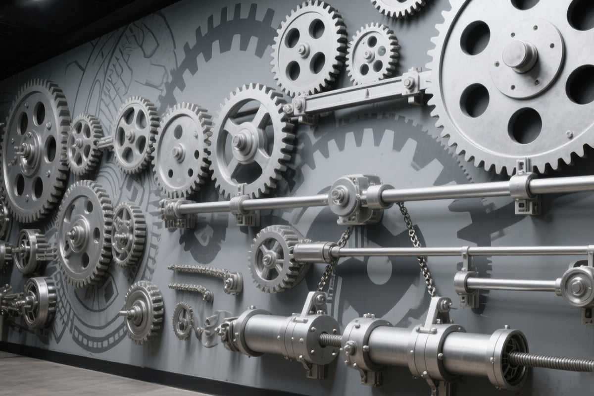 Industrial precision metal gears, shafts, and mechanical components displayed on a wall for engineering and manufacturing use.
