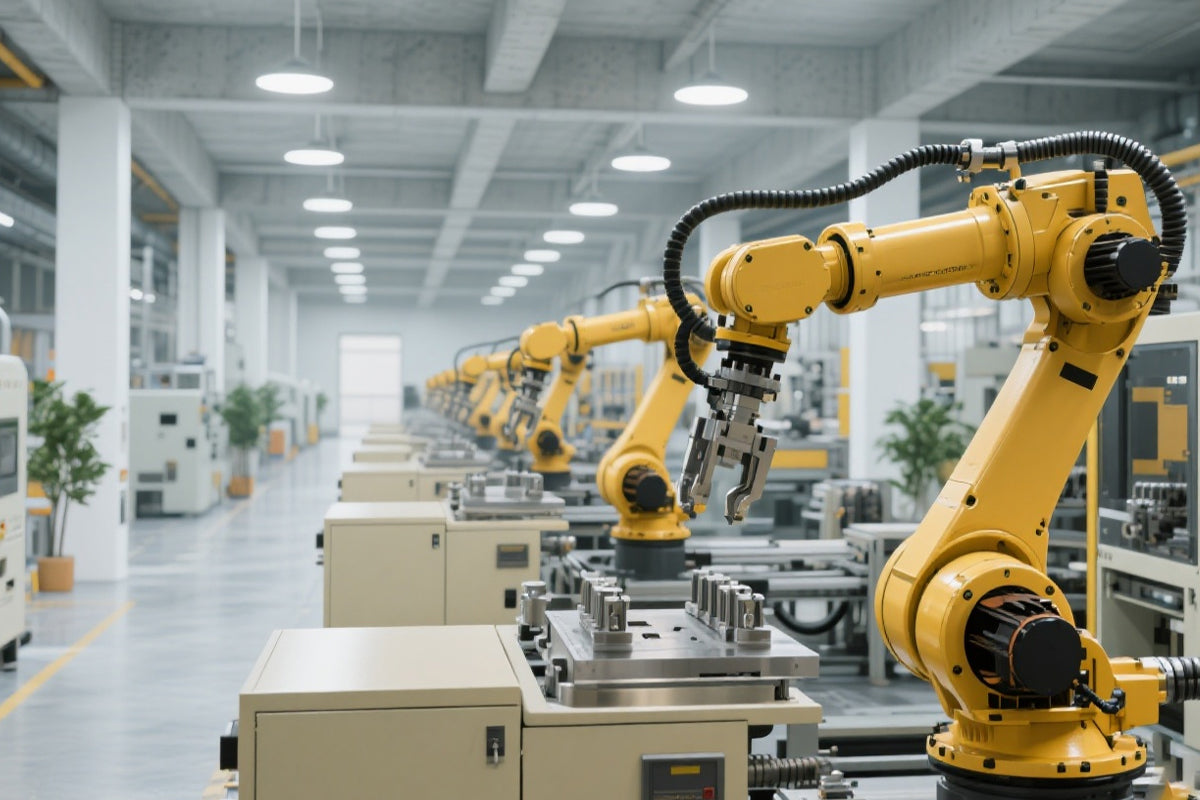 Industrial robotics arms operating on an automated production line in a modern smart manufacturing workshop with fiber laser integration.