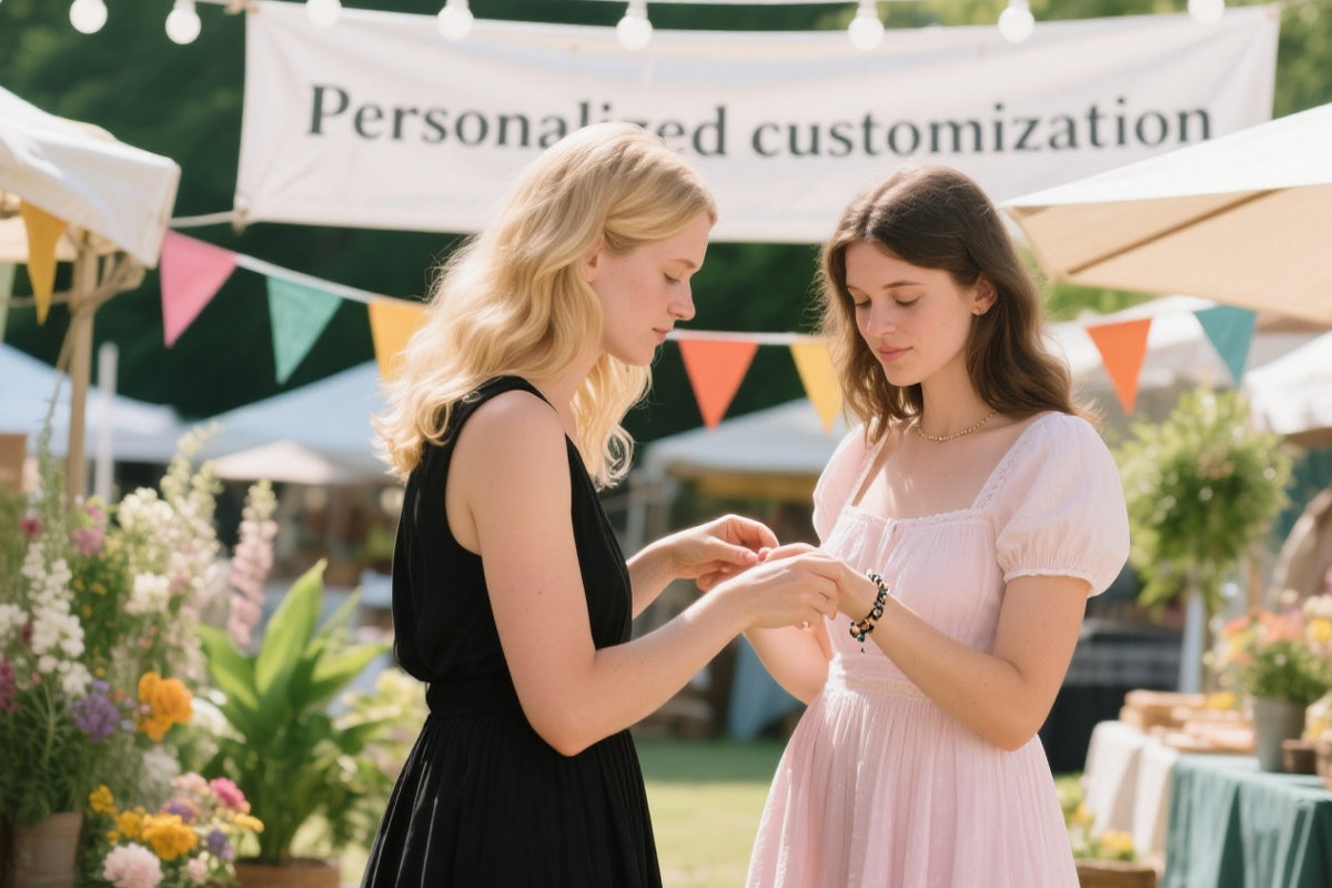 Two women customizing jewelry gifts at an outdoor personalized engraving booth.