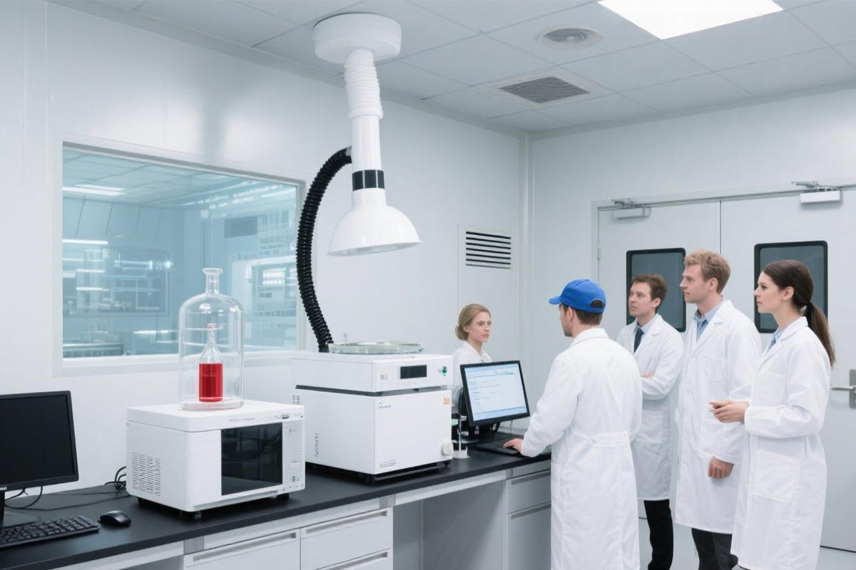 Scientists working with laboratory equipment in a modern research facility, using stainless steel and precision instrumentation.