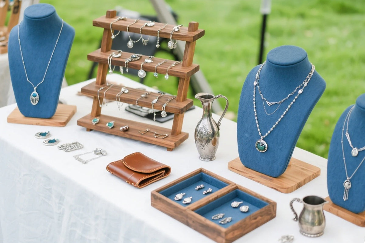 Outdoor jewelry display featuring handcrafted necklaces, bracelets, and accessories for custom laser engraving.