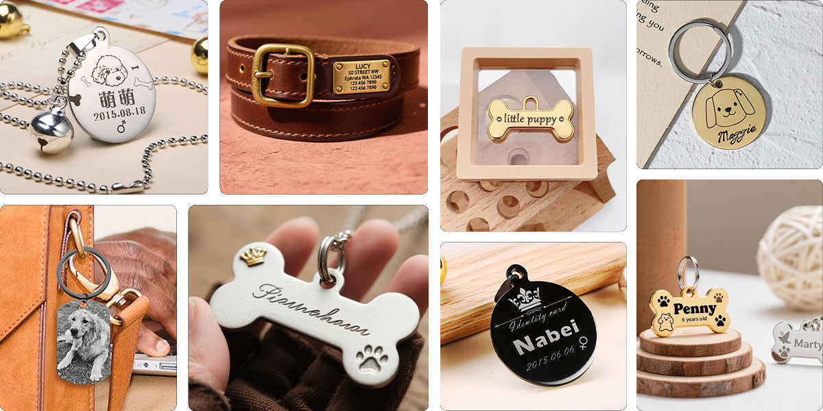 Collection of custom pet ID tags engraved with laser marking, featuring dog icons, names, dates, and personalized metal designs.