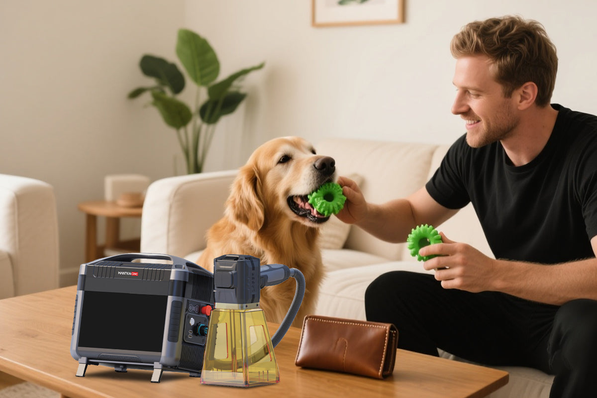 Man playing with his dog beside a desktop laser engraver for creating custom pet tag designs.