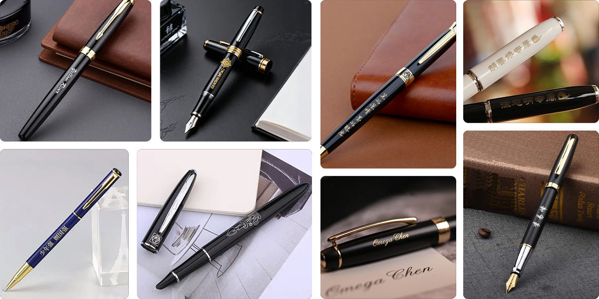 Collection of custom metal pens featuring precision laser engraving designs, showcasing detailed markings and personalized text options.