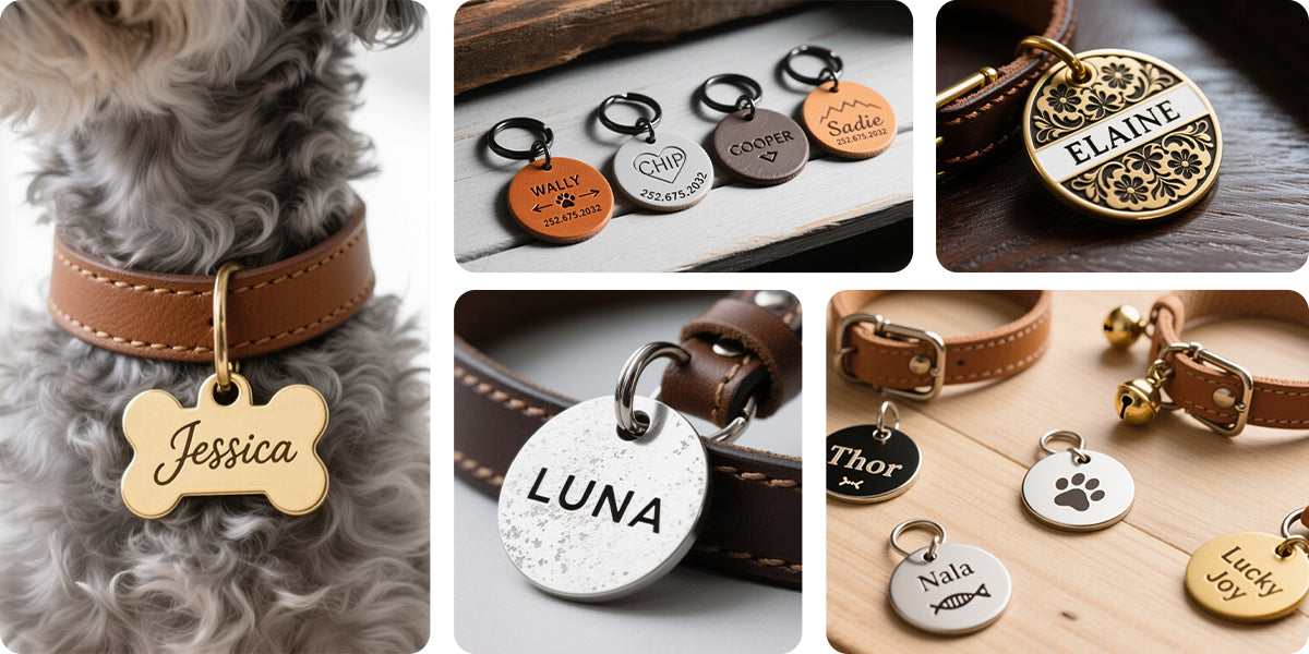 Laser engraved pet ID tags on collars featuring personalized names, metal dog tags, and custom accessories.