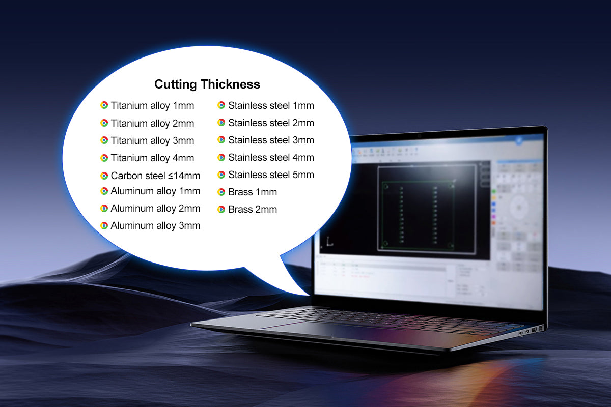 Laptop displaying laser cutting software with a cutting thickness chart for stainless steel, titanium, aluminum, carbon steel and brass.