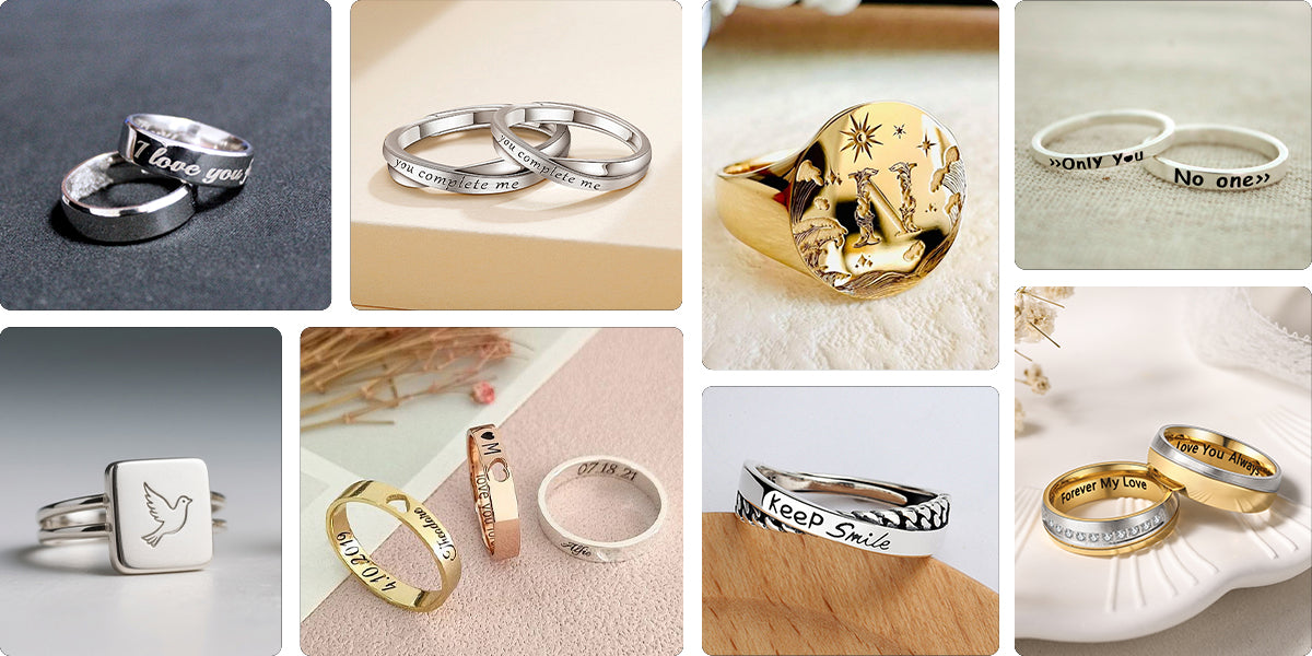 Collection of personalized metal rings engraved with laser marking, featuring names, quotes, symbols and custom decorative designs.