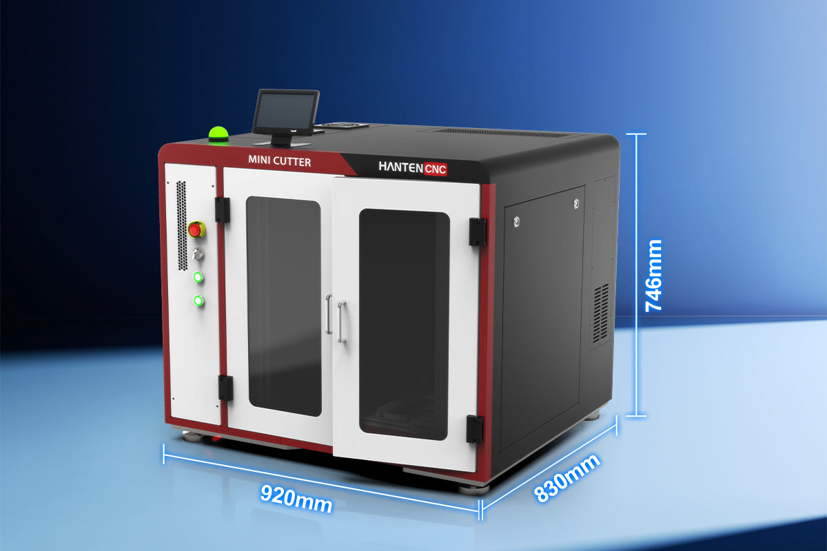 Compact 1500W desktop fiber laser cutting machine with marked dimensions, showing front and side views for size reference.