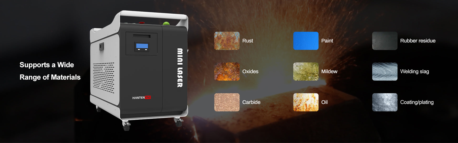 Industrial multi-material laser cleaning machine removing rust, paint, oxides, mildew, oil, welding slag, rubber residue, and coatings.