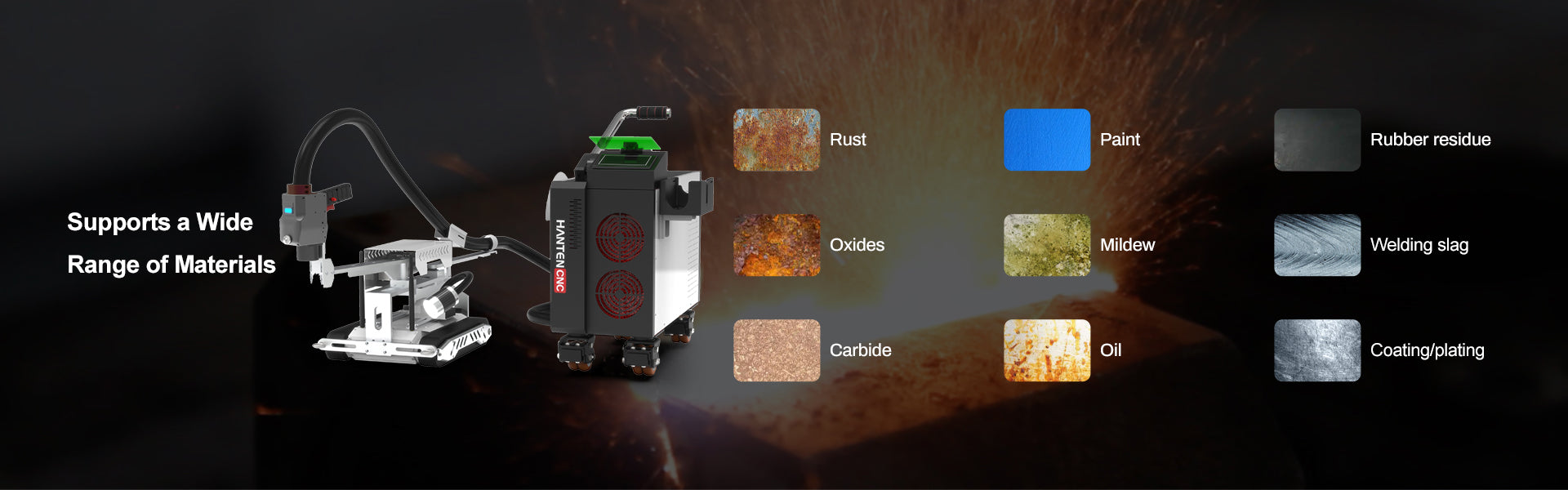 Multi-material pulsed laser cleaning system for rust paint oxide oil and welding slag removal