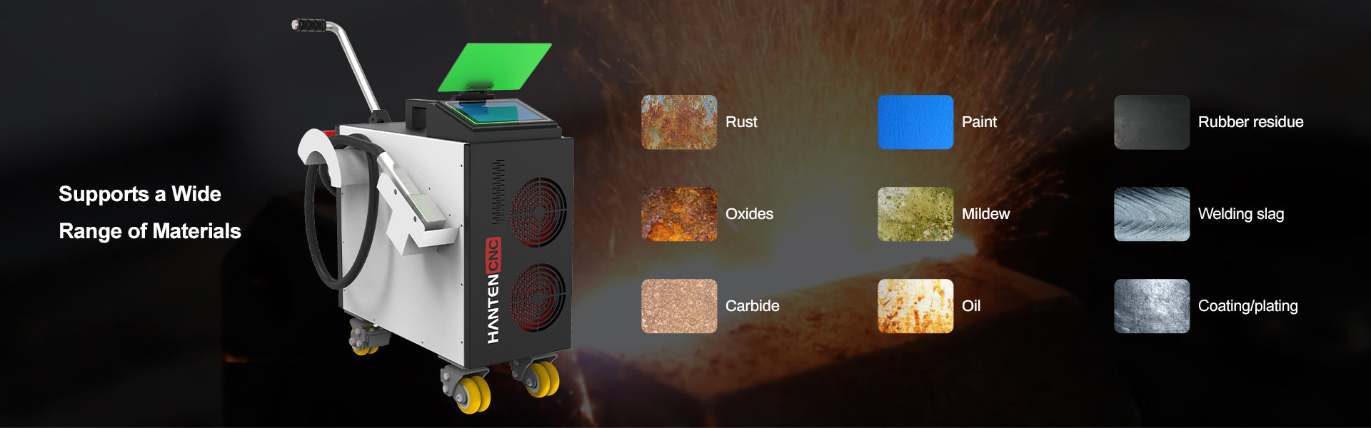 Industrial multi-material laser cleaning machine removing rust, paint, oxides, carbide, oil, mildew, welding slag, rubber residue and coatings.