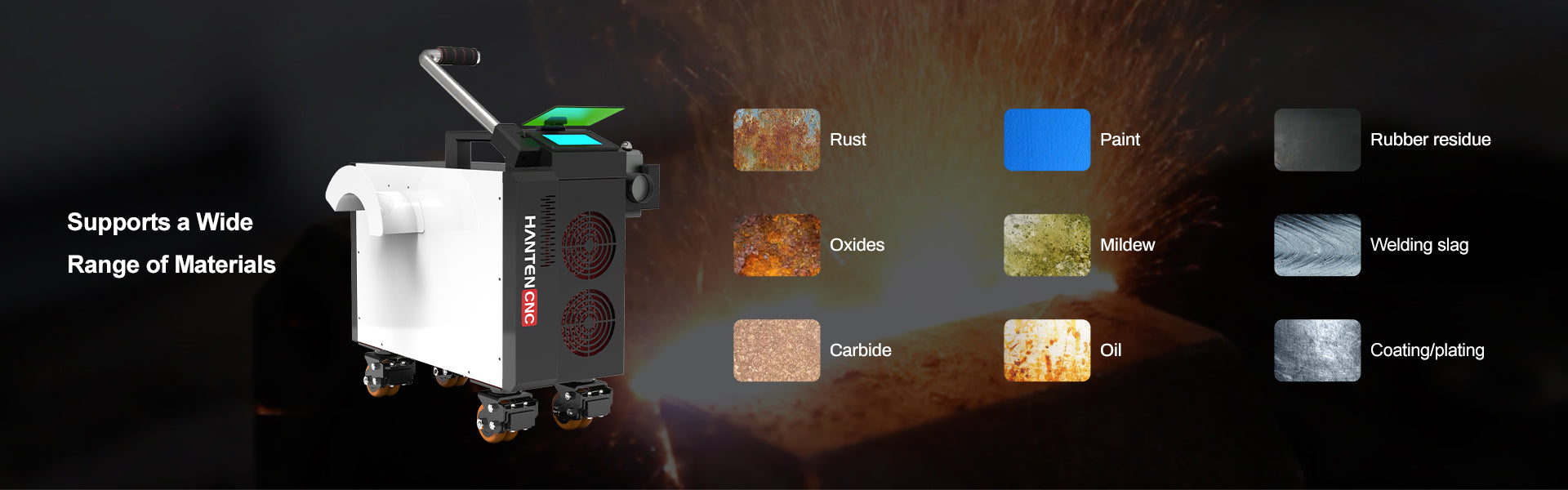 Multi-material industrial laser cleaning machine removing rust, paint, oxides, oil, welding slag, rubber residue, and coatings.