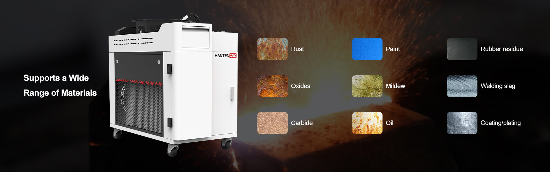 Industrial laser cleaning machine designed for multi-material surface treatment, removing rust, paint, oxides, mildew, oil and welding slag.