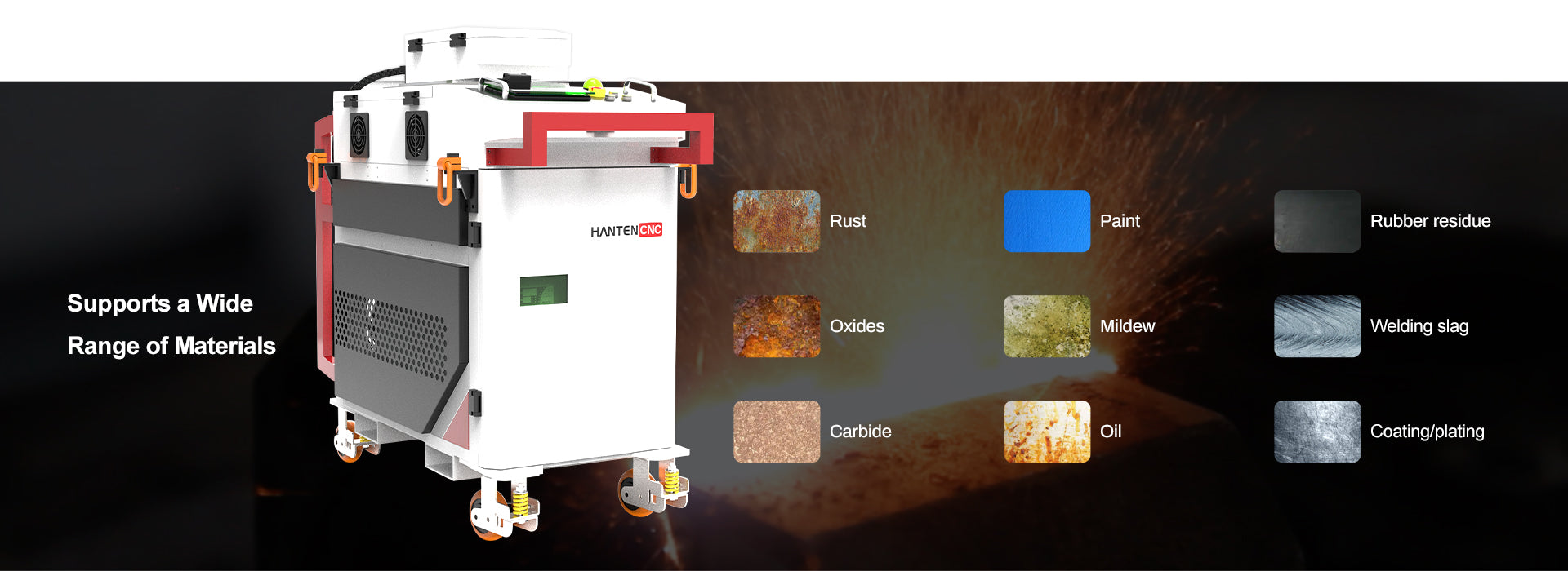 Industrial laser cleaning machine capable of removing rust, paint, oxides, mildew, oil, rubber residue and welding slag from multiple materials.