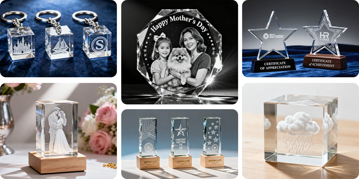 Collection of 3D crystal inner carvings including keychains, portraits, awards, wedding decor, trophies, and artistic cube engravings.