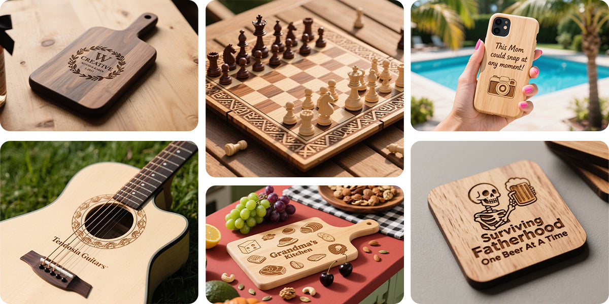 Collection of laser-engraved wood items including cutting boards, chess sets, guitars, phone cases, coasters, and personalized kitchenware.