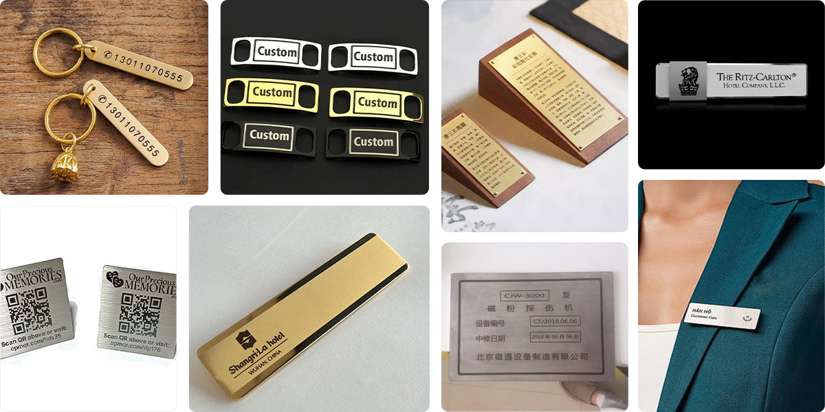 Collection of custom metal nameplates and tags engraved with laser marking, including key tags, QR plates, hotel badges and personalized labels.