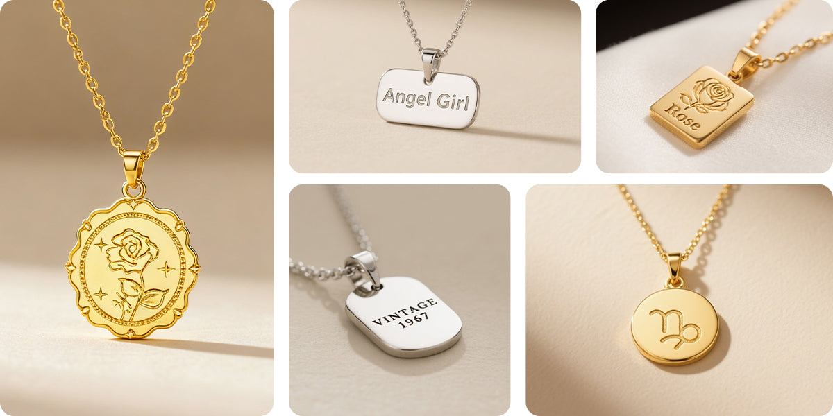 Laser-engraved necklace pendants featuring custom names, zodiac symbols, rose patterns, and personalized metal tag jewelry designs.