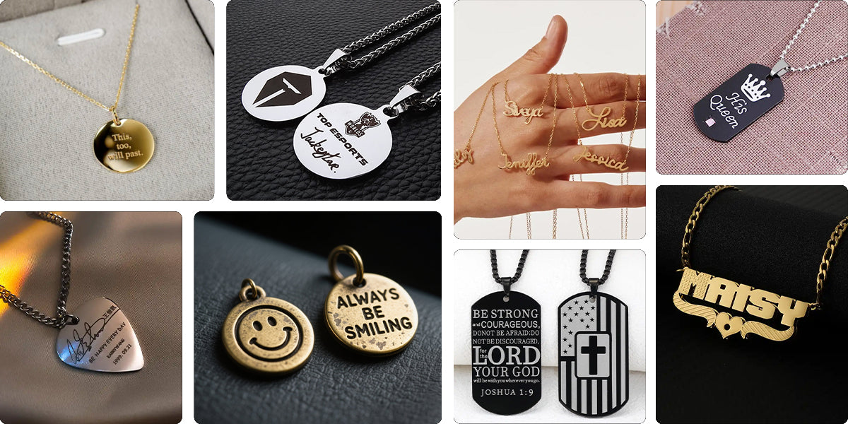 Collection of custom metal jewelry pieces engraved with laser marking, including name necklaces, logo pendants, inspirational tags and personalized charms.