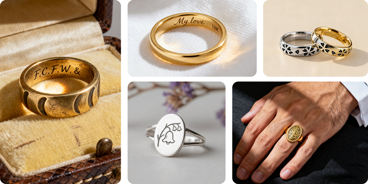 Laser engraved rings in gold and silver with personalized names, symbols, vintage patterns, and custom metal engraving designs.