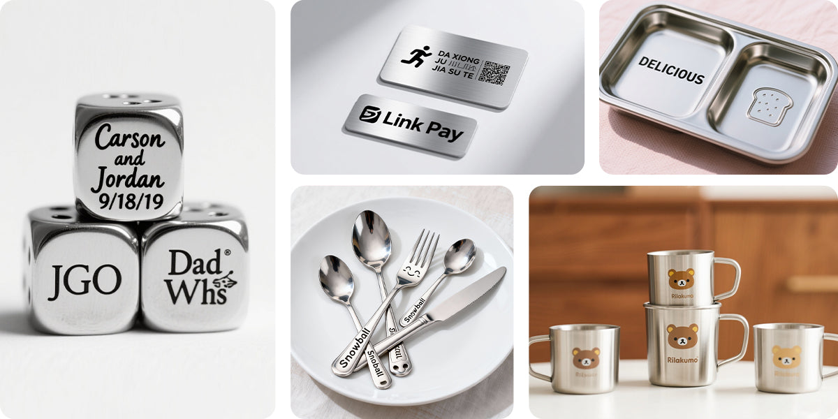 Laser engraved stainless steel items including dice, metal cards, lunch trays, cutlery sets, and personalized mugs.