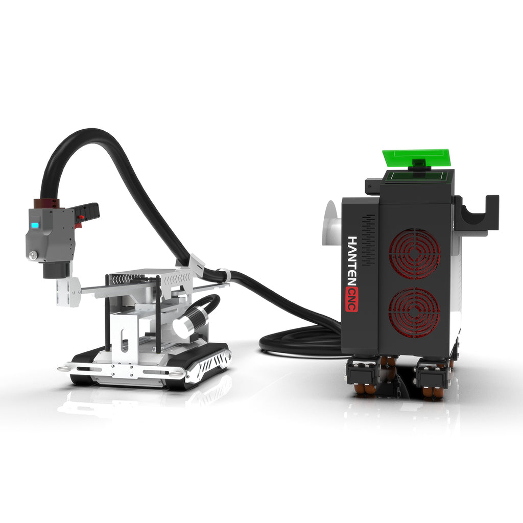 Side view of a magnetic wall climbing laser cleaning robot showing compact crawler structure and stable magnetic adhesion for pulsed laser cleaning on steel walls.