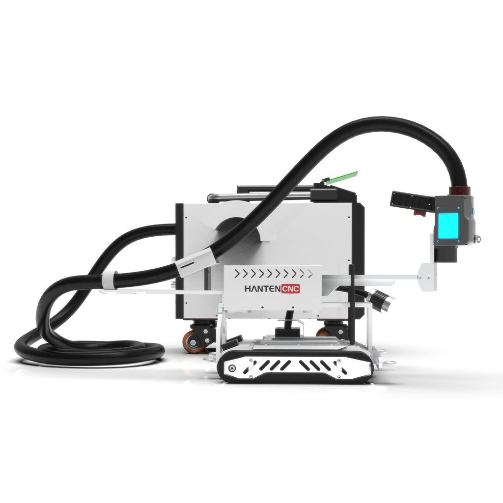 Complete magnetic wall climbing robot system compatible with 500W and 1000W pulsed laser cleaning machines for industrial vertical surface cleaning tasks.