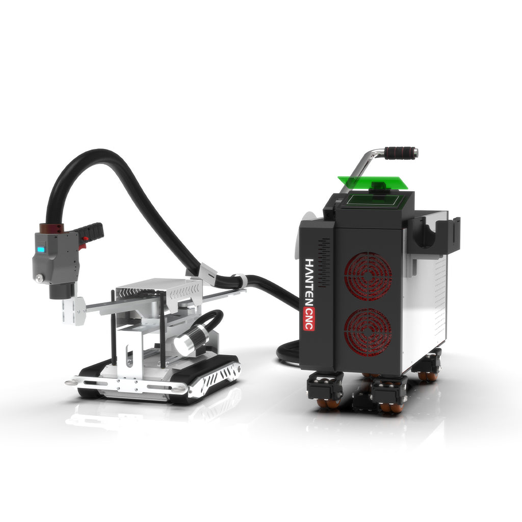 Magnetic wall climbing robot integrated with a pulsed laser cleaning machine, designed for vertical steel surfaces, rust removal, paint stripping, and industrial laser cleaning applications.