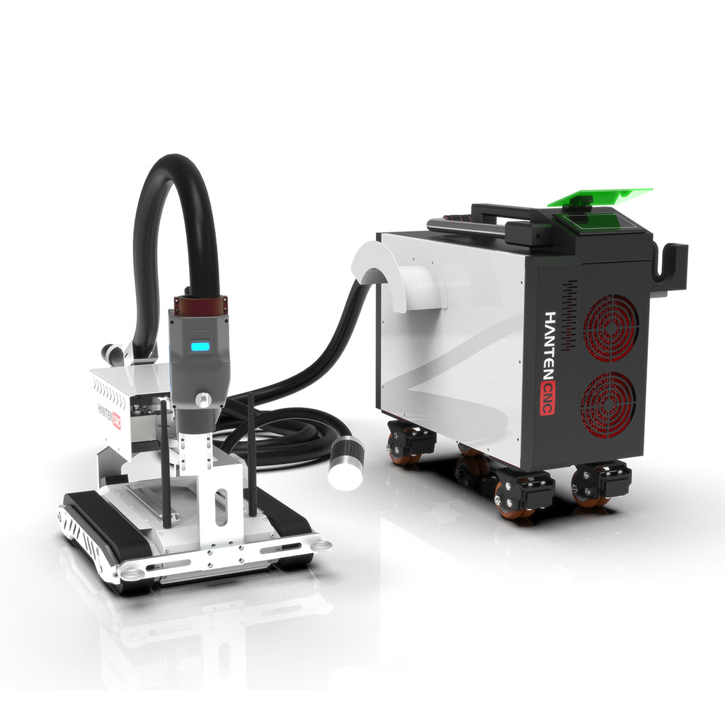 Magnetic climbing robot connected to a pulsed laser cleaner, suitable for rust removal, oxide cleaning, and surface preparation on steel structures and metal tanks.