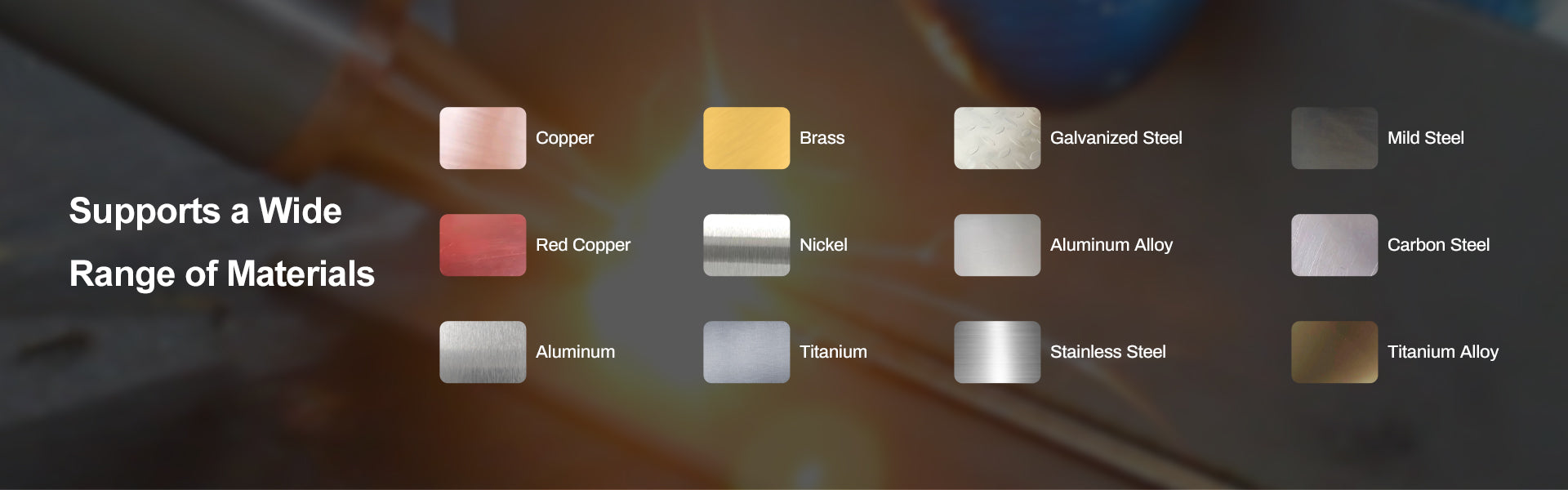 Laser welding and cleaning machine material compatibility chart showing copper, brass, steel, aluminum, nickel, titanium, and alloys.