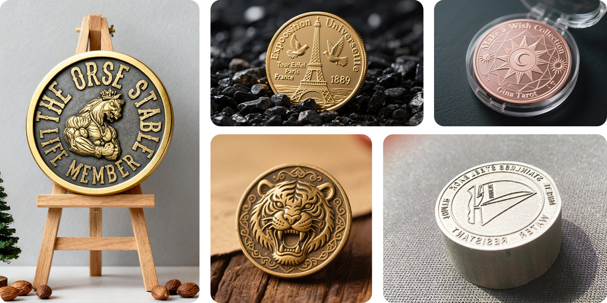 Laser engraved metal coins and medallions featuring 3D relief designs, custom logos, animal emblems, and precision metal engraving samples.