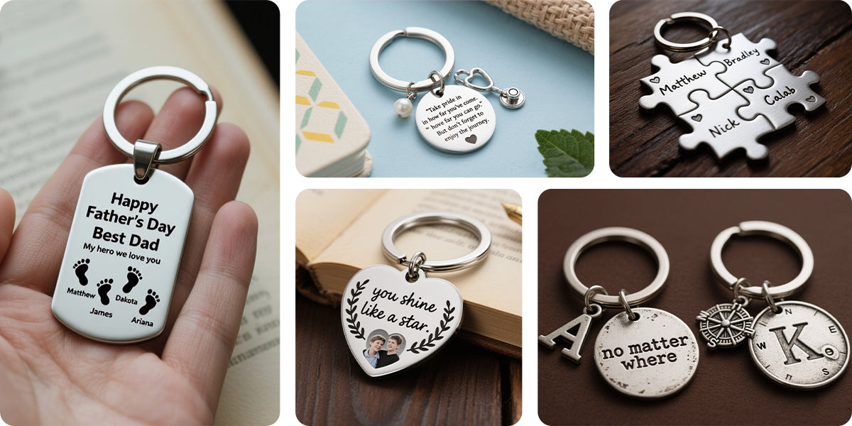 Laser engraved metal tag keychains including puzzle tags, heart tags, personalized name tags, and custom stainless steel keyrings.