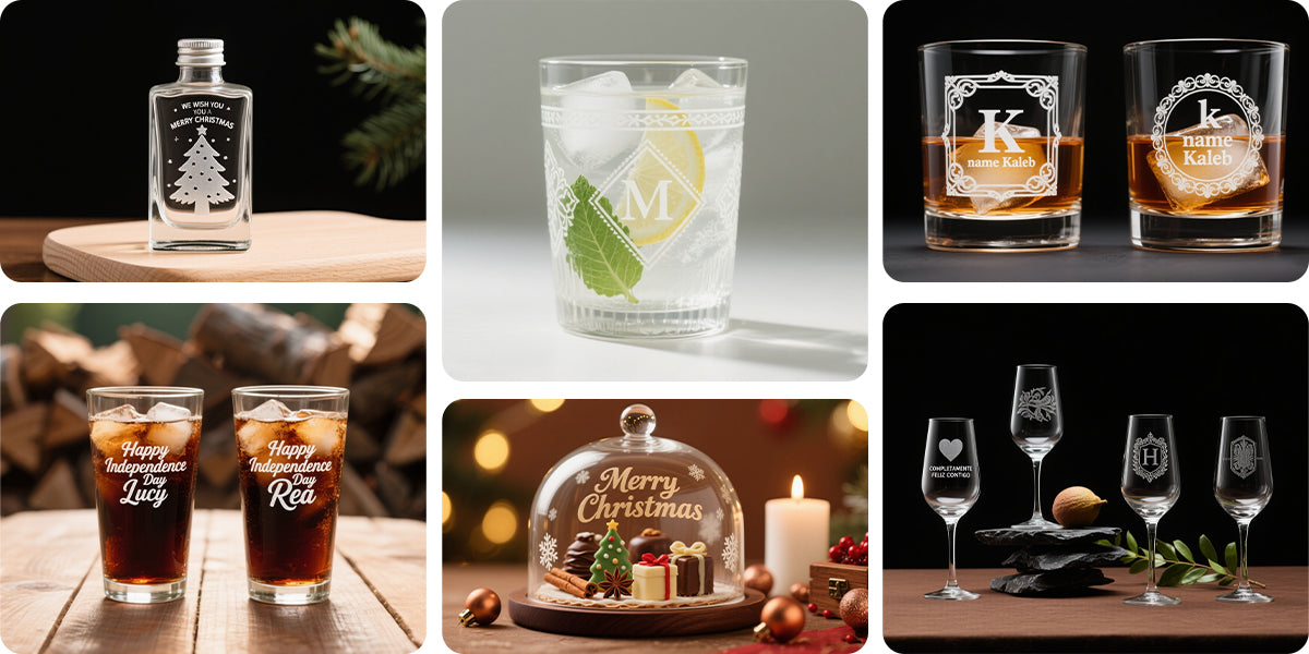 Collection of engraved glassware featuring laser-etched whiskey glasses, drinkware, holiday designs, and personalized monograms.