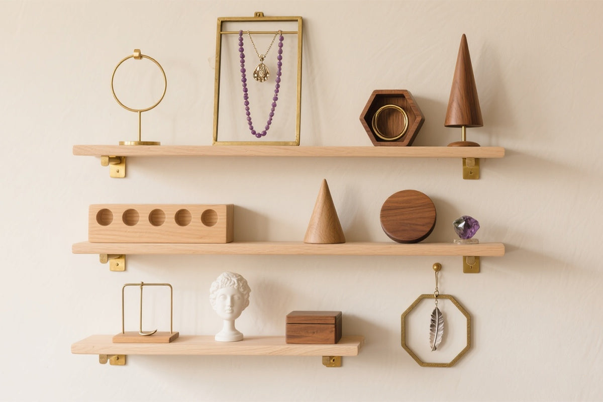 Wall-mounted wooden shelves displaying handmade jewelry, geometric ornaments, and crafted décor pieces in a jewelry and craft studio setting.