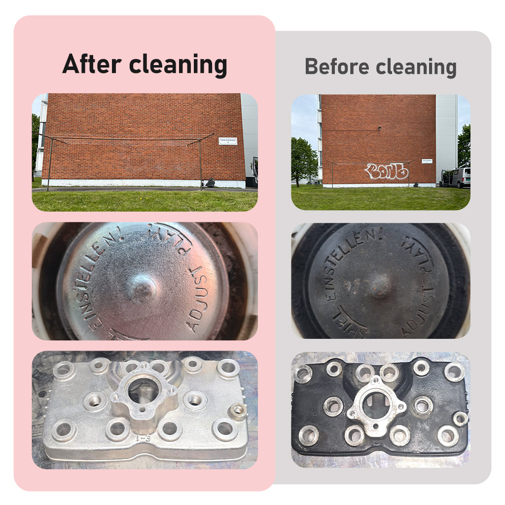 Before and after cleaning results showing rust and paint removal using the DOLPHIN industrial laser cleaner