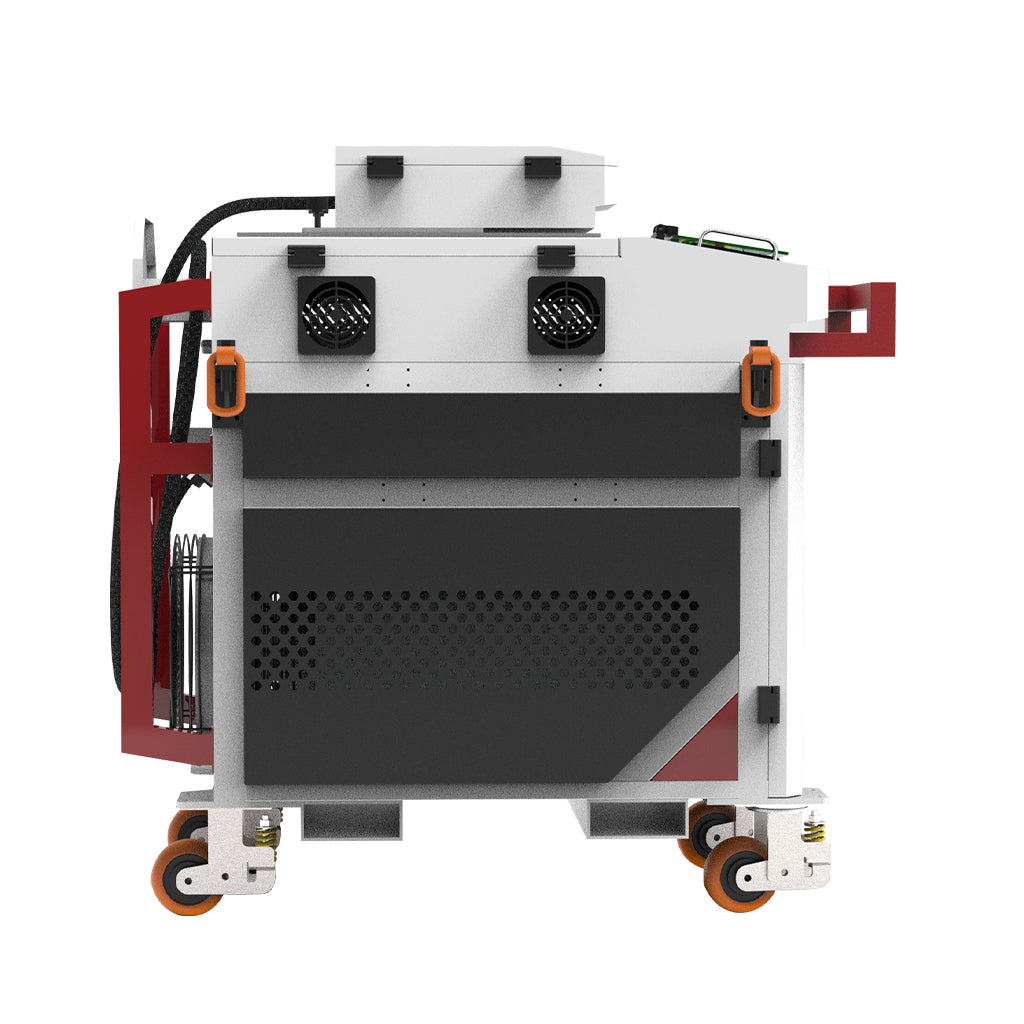 Side view of the DOLPHIN 1000W to 2000W industrial laser cleaning machine with heavy-duty wheels