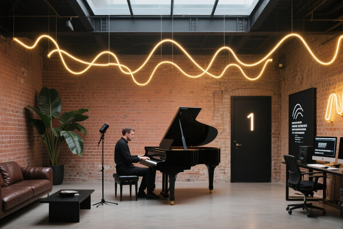 Modern artistic studio with a pianist playing a grand piano, creative lighting designs, and customizable metal decor elements.
