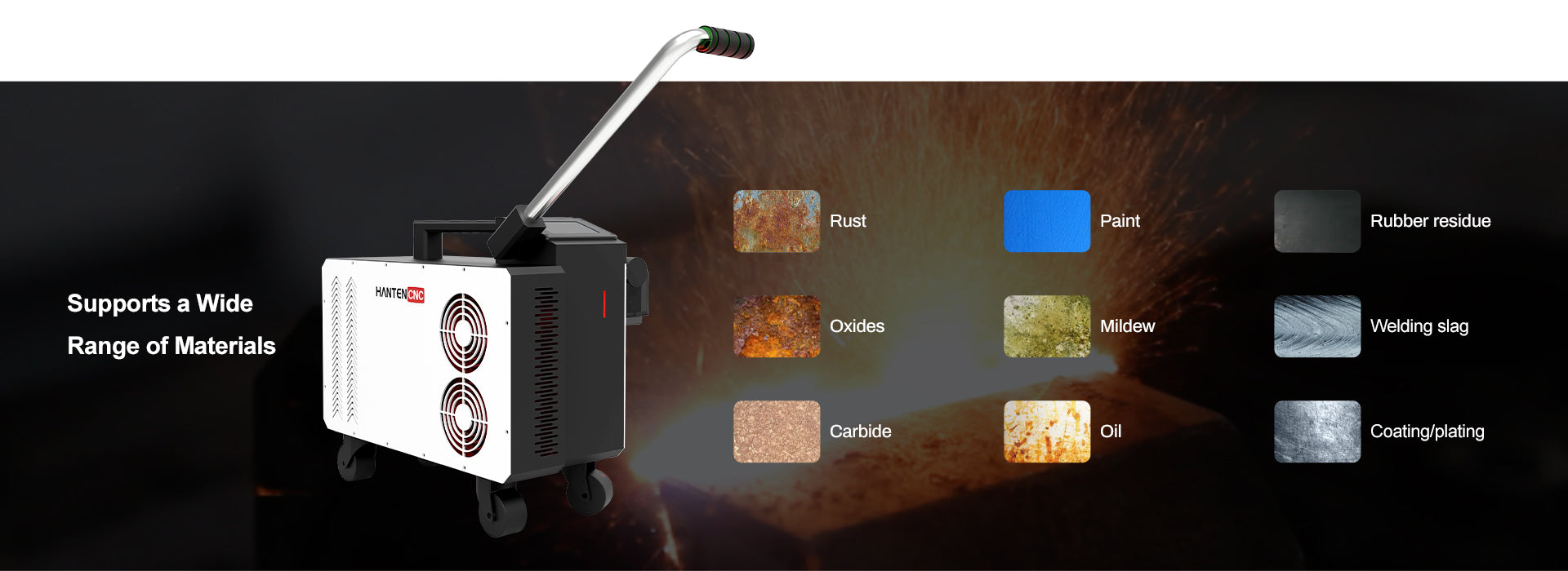 Industrial laser cleaning machine showing supported applications such as rust, oxides, paint, rubber residue, mildew, welding slag, carbide, oil, and coating removal.
