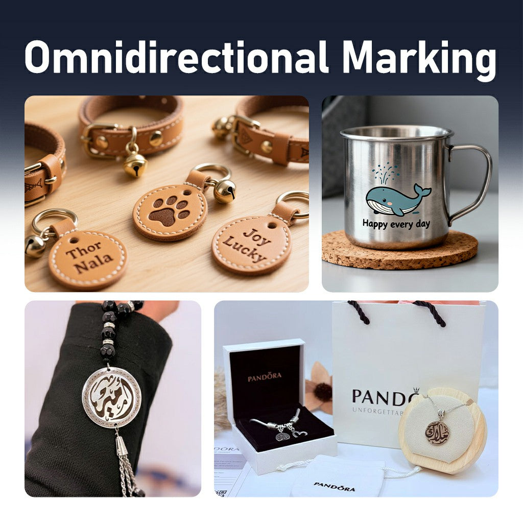Omnidirectional laser marking samples on jewelry including bar necklace wristwatches and matching pendant set