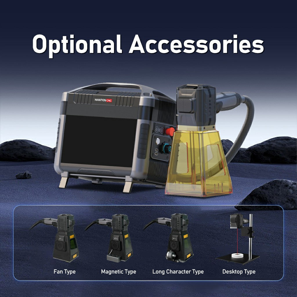 Optional accessories for handheld fiber laser marker including fan type magnetic type long character type and desktop type heads