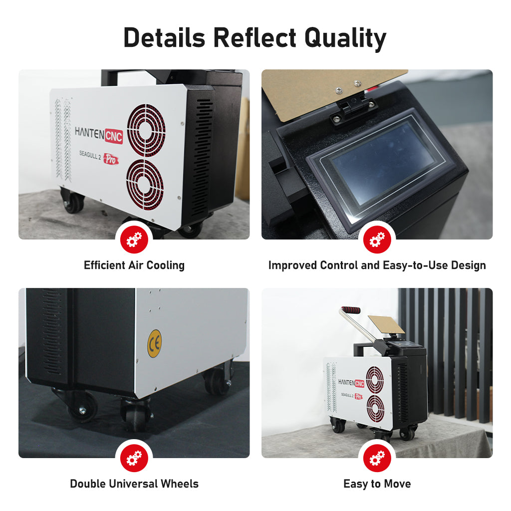 Key features of HANTENCNC laser cleaning machine including improved control system, efficient air cooling, and easy-to-move double universal wheels