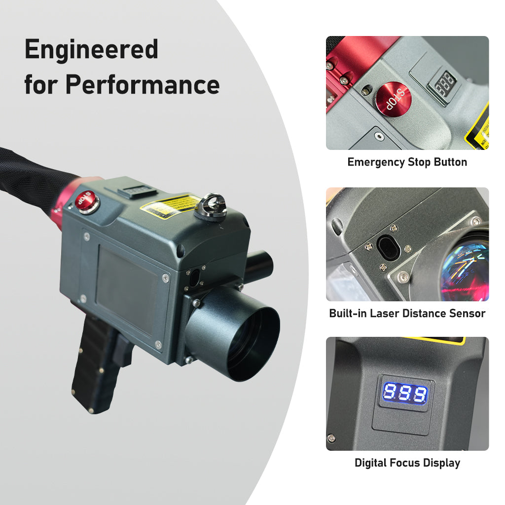 The HANTENCNC SEAL1 professional handheld laser cleaning head is equipped with a high-quality optical lens for precise cleaning.